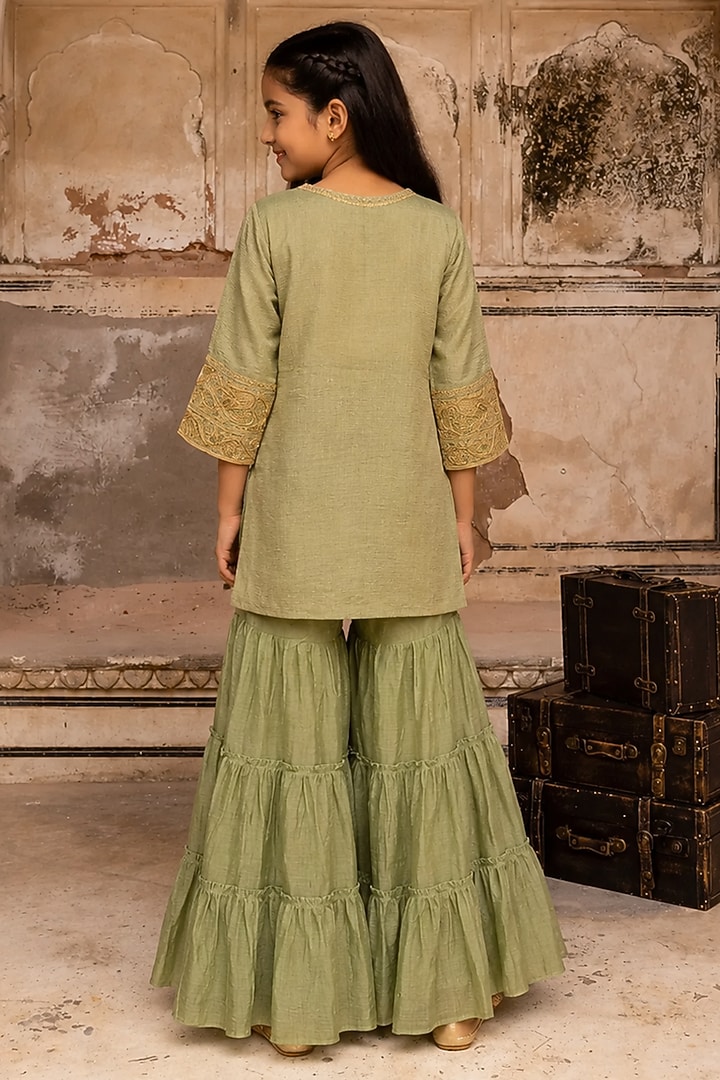 Sage Green Tissue Mul Chanderi Gharara Set For Girls by Charu Makkar Kids at Pernia's Pop Up Shop