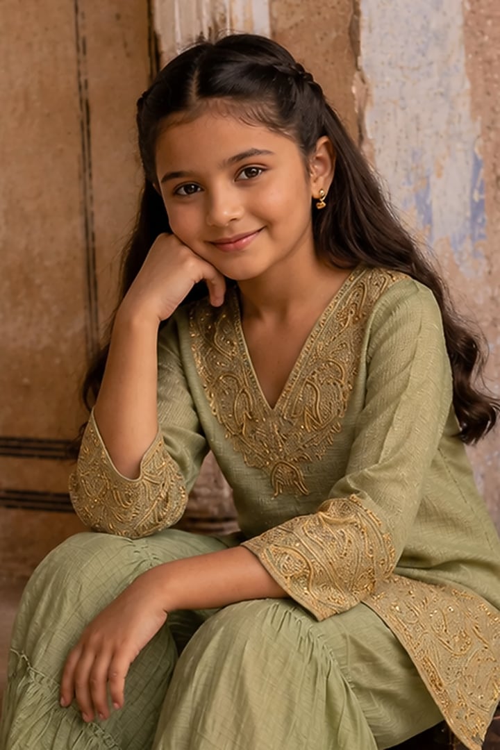 Sage Green Tissue Mul Chanderi Gharara Set For Girls by Charu Makkar Kids at Pernia's Pop Up Shop