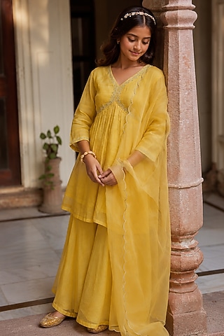 Mustard Tissue Chanderi Sharara Set For Girls by Charu Makkar Kids