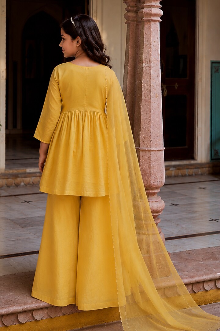 Mustard Tissue Chanderi Sharara Set For Girls by Charu Makkar Kids at Pernia's Pop Up Shop