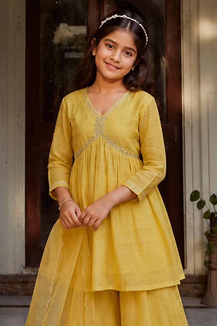Mustard Tissue Chanderi Sharara Set For Girls by Charu Makkar Kids at Pernia's Pop Up Shop