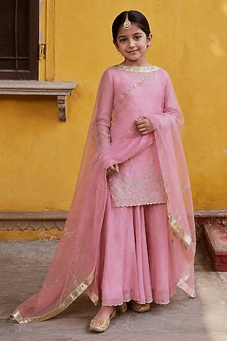 Rose Pink Tissue Chanderi Sharara Set For Girls by Charu Makkar Kids