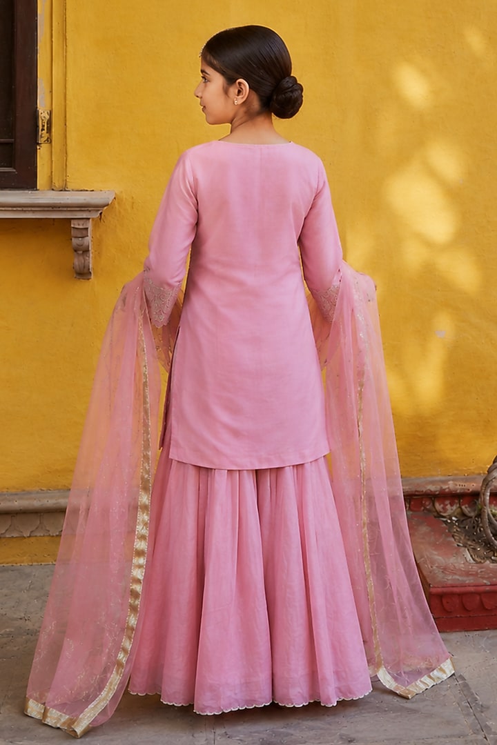Rose Pink Tissue Chanderi Sharara Set For Girls by Charu Makkar Kids at Pernia's Pop Up Shop