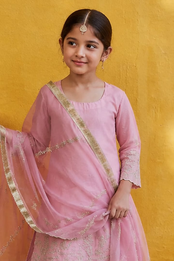 Rose Pink Tissue Chanderi Sharara Set For Girls by Charu Makkar Kids at Pernia's Pop Up Shop