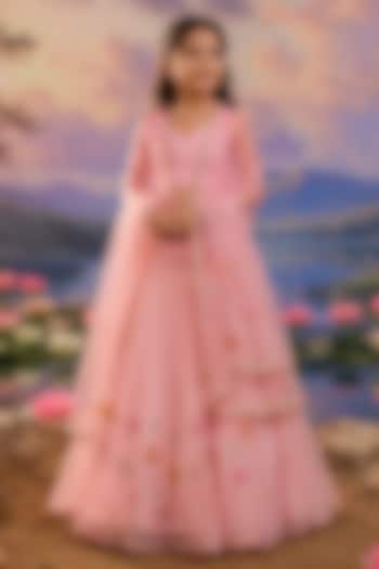 Rose Pink Organza Applique Embroidered Lehenga Set For Girls by Charu Makkar Kids at Pernia's Pop Up Shop