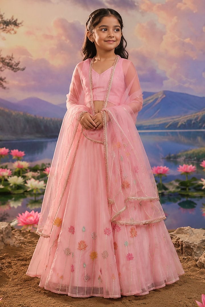 Rose Pink Organza Applique Embroidered Lehenga Set For Girls by Charu Makkar Kids at Pernia's Pop Up Shop