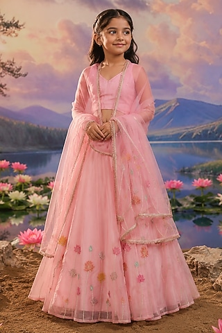 Rose Pink Organza Applique Embroidered Lehenga Set For Girls by Charu Makkar Kids