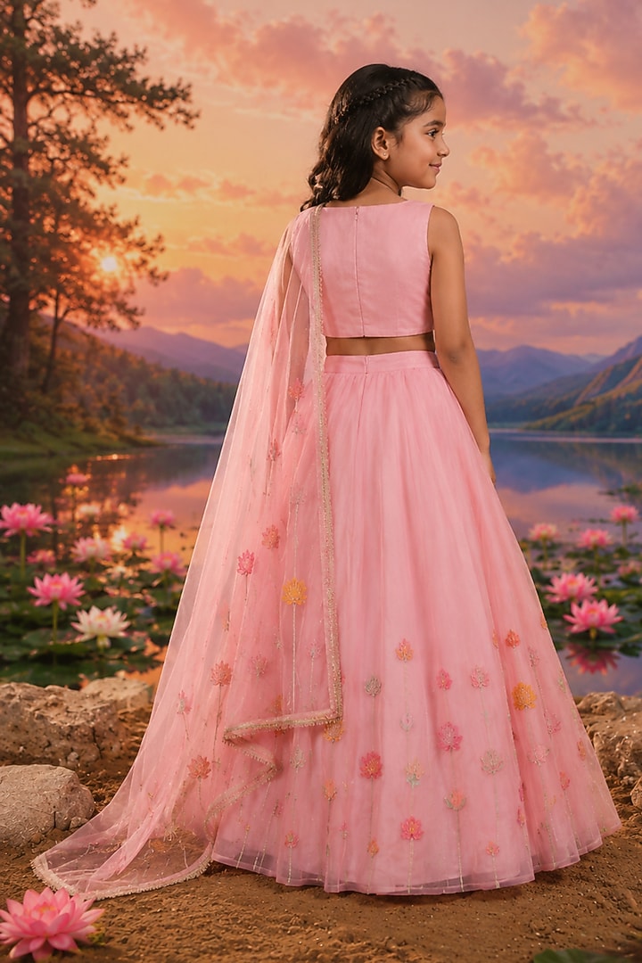 Rose Pink Organza Applique Embroidered Lehenga Set For Girls by Charu Makkar Kids at Pernia's Pop Up Shop