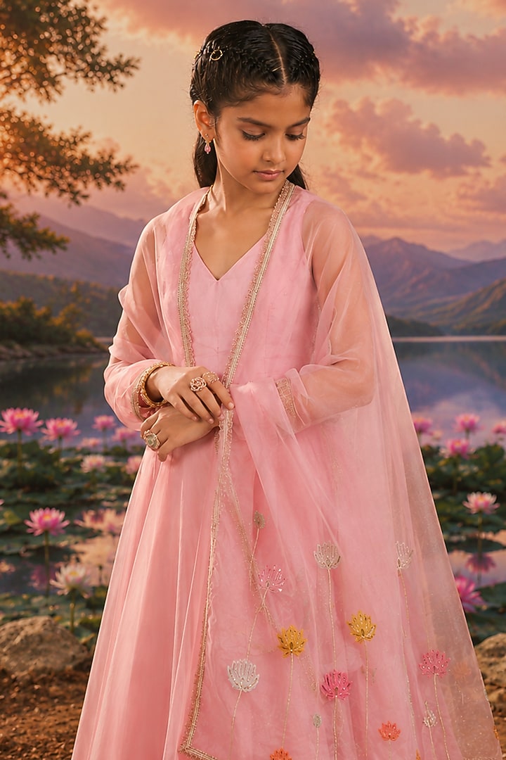Rose Pink Organza Applique Embroidered Lehenga Set For Girls by Charu Makkar Kids at Pernia's Pop Up Shop