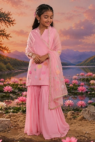 Rose Pink Mul Chanderi Sharara Set For Girls by Charu Makkar Kids