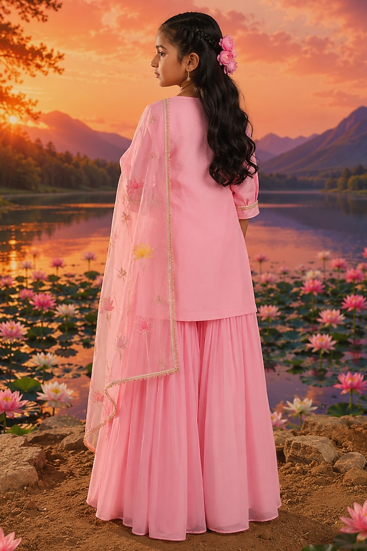 Rose Pink Mul Chanderi Sharara Set For Girls by Charu Makkar Kids at Pernia's Pop Up Shop