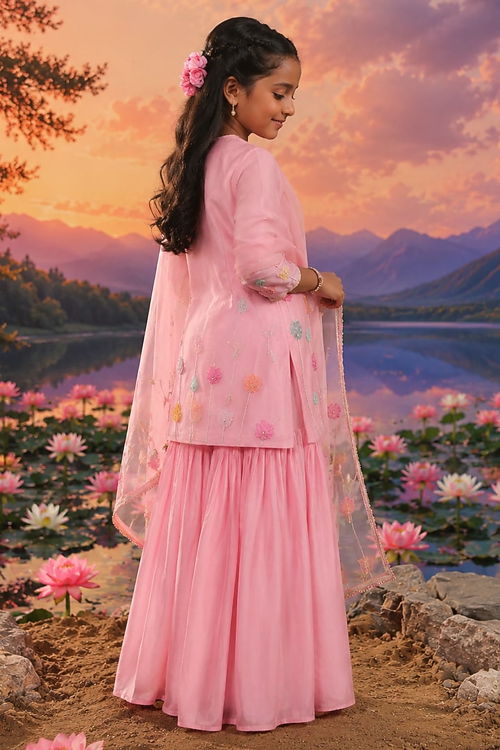 Rose Pink Mul Chanderi Sharara Set For Girls by Charu Makkar Kids at Pernia's Pop Up Shop