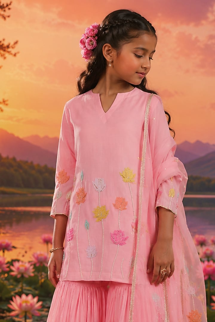 Rose Pink Mul Chanderi Sharara Set For Girls by Charu Makkar Kids at Pernia's Pop Up Shop