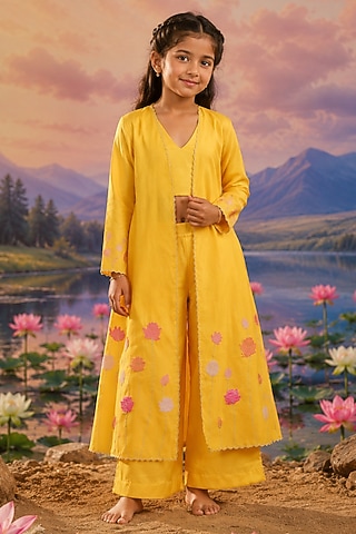 Yellow Silk Chanderi Applique Embroidered Jacket Set For Girls by Charu Makkar Kids