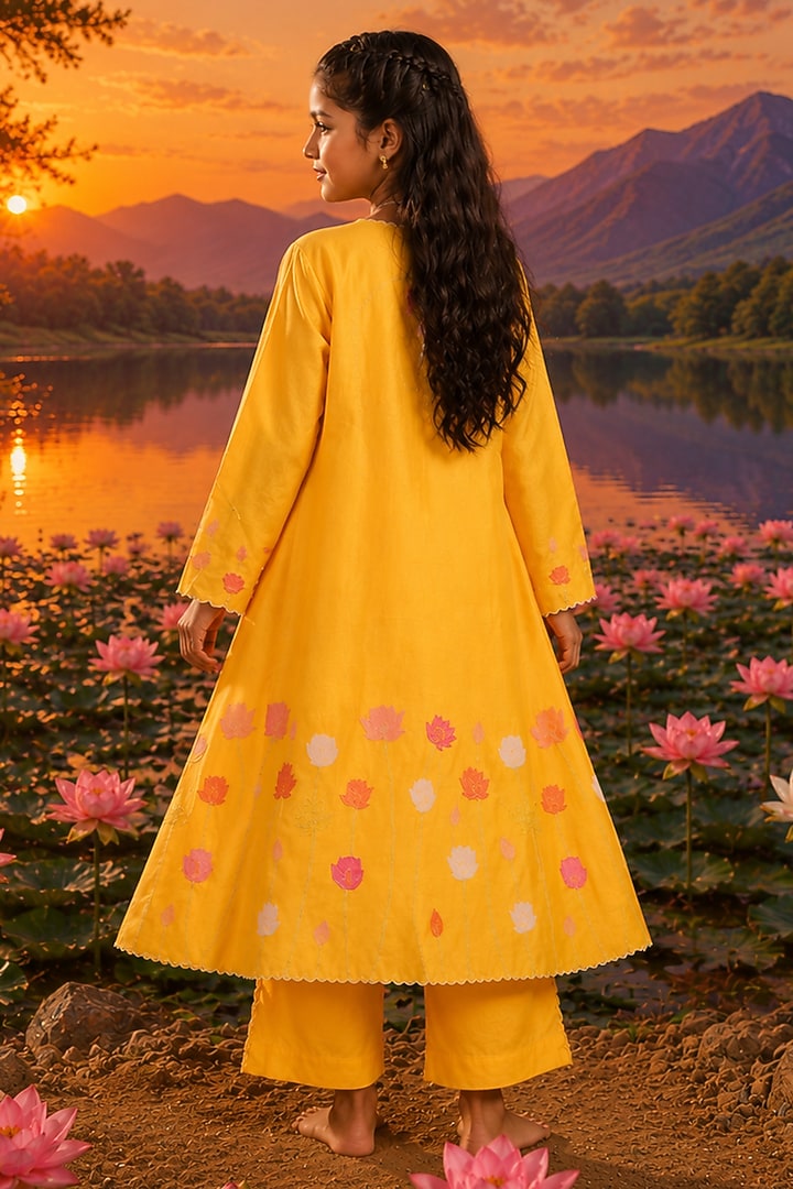 Yellow Silk Chanderi Applique Embroidered Jacket Set For Girls by Charu Makkar Kids at Pernia's Pop Up Shop