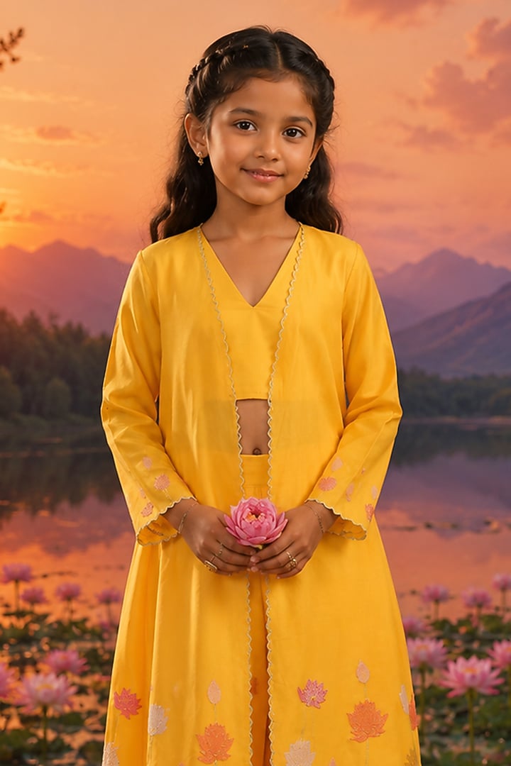 Yellow Silk Chanderi Applique Embroidered Jacket Set For Girls by Charu Makkar Kids at Pernia's Pop Up Shop