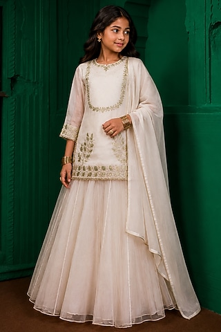 Ivory Organza Sharara Set For Girls by Charu Makkar Kids