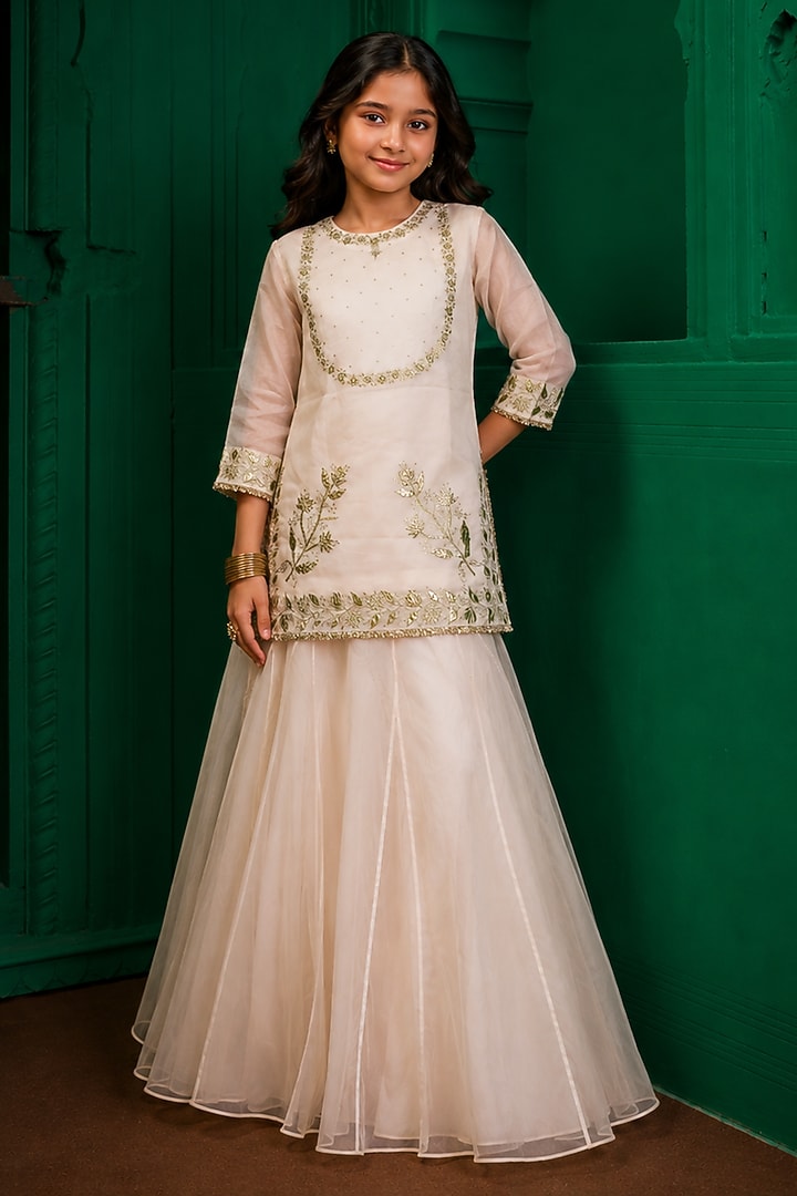 Ivory Organza Sharara Set For Girls by Charu Makkar Kids at Pernia's Pop Up Shop