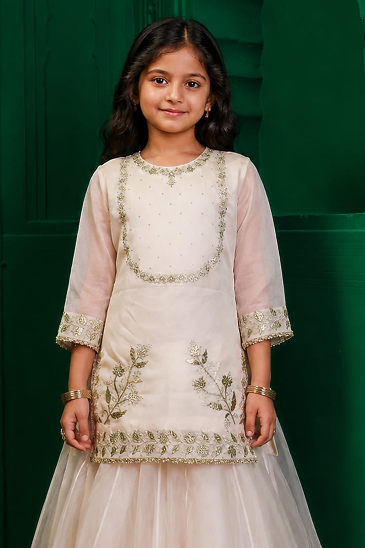 Ivory Organza Sharara Set For Girls by Charu Makkar Kids at Pernia's Pop Up Shop