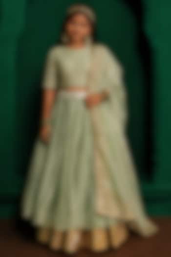 Sage Green Organza Floral Embroidered Lehenga Set For Girls by Charu Makkar Kids at Pernia's Pop Up Shop