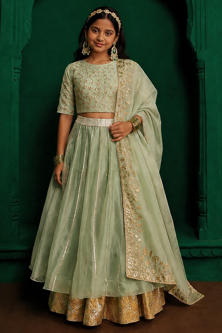 Sage Green Organza Floral Embroidered Lehenga Set For Girls by Charu Makkar Kids at Pernia's Pop Up Shop