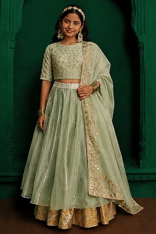 Sage Green Organza Floral Embroidered Lehenga Set For Girls by Charu Makkar Kids