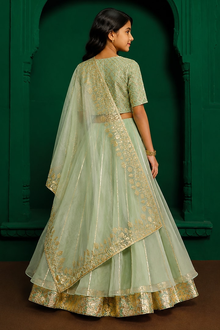 Sage Green Organza Floral Embroidered Lehenga Set For Girls by Charu Makkar Kids at Pernia's Pop Up Shop