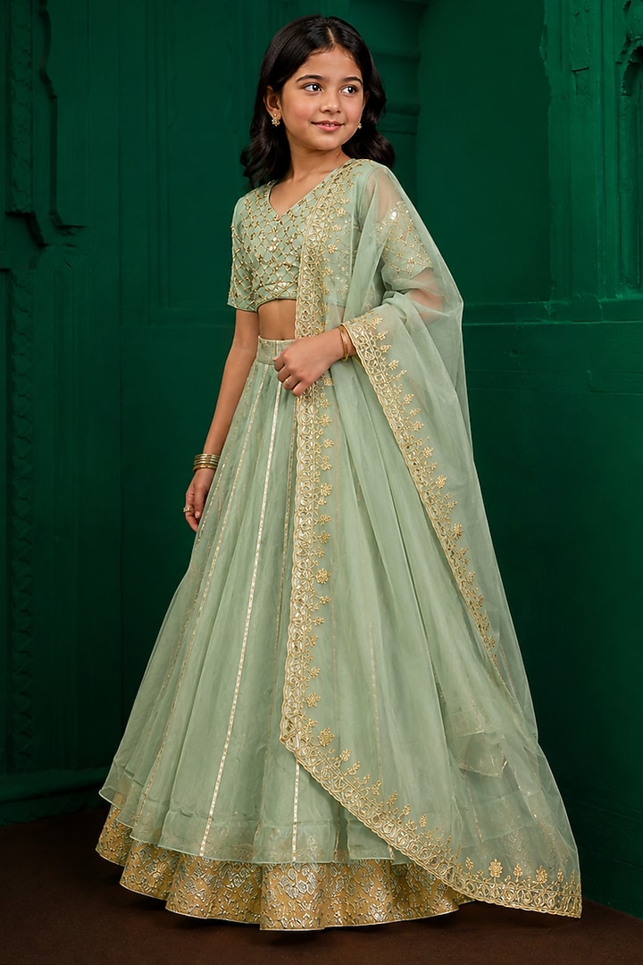 Sage Green Organza Floral Embroidered Lehenga Set For Girls by Charu Makkar Kids at Pernia's Pop Up Shop