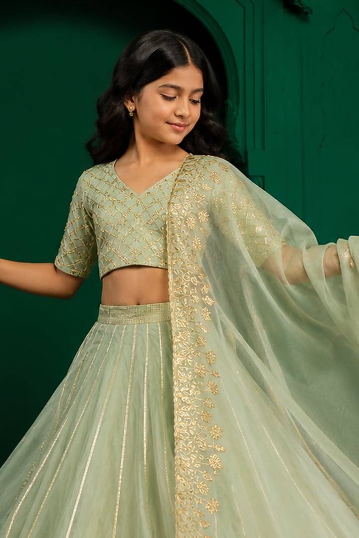 Sage Green Organza Floral Embroidered Lehenga Set For Girls by Charu Makkar Kids at Pernia's Pop Up Shop