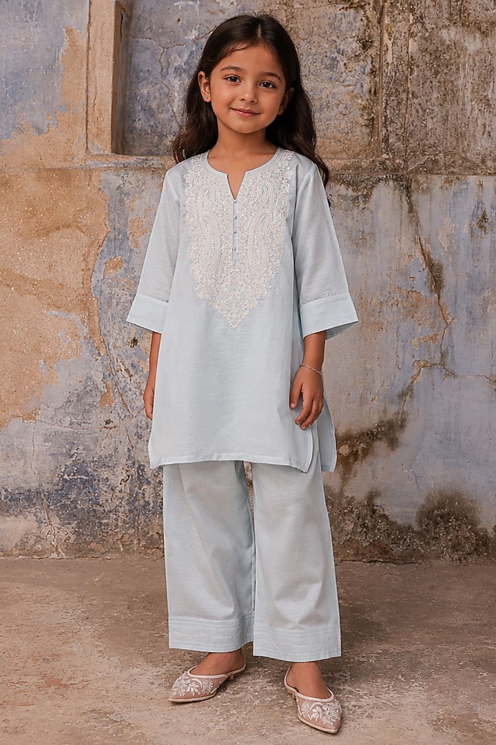 Powder Blue Slub Raw Silk Dori Embroidered Kurta Set For Girls by Charu Makkar Kids at Pernia's Pop Up Shop