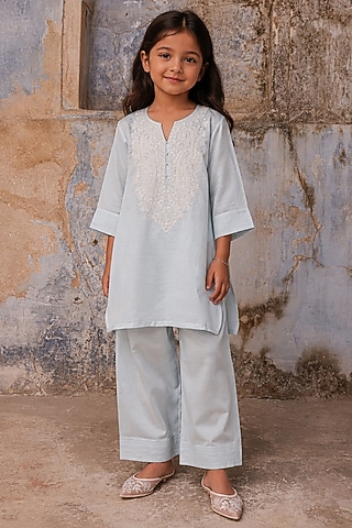 Powder Blue Slub Raw Silk Dori Embroidered Kurta Set For Girls by Charu Makkar Kids