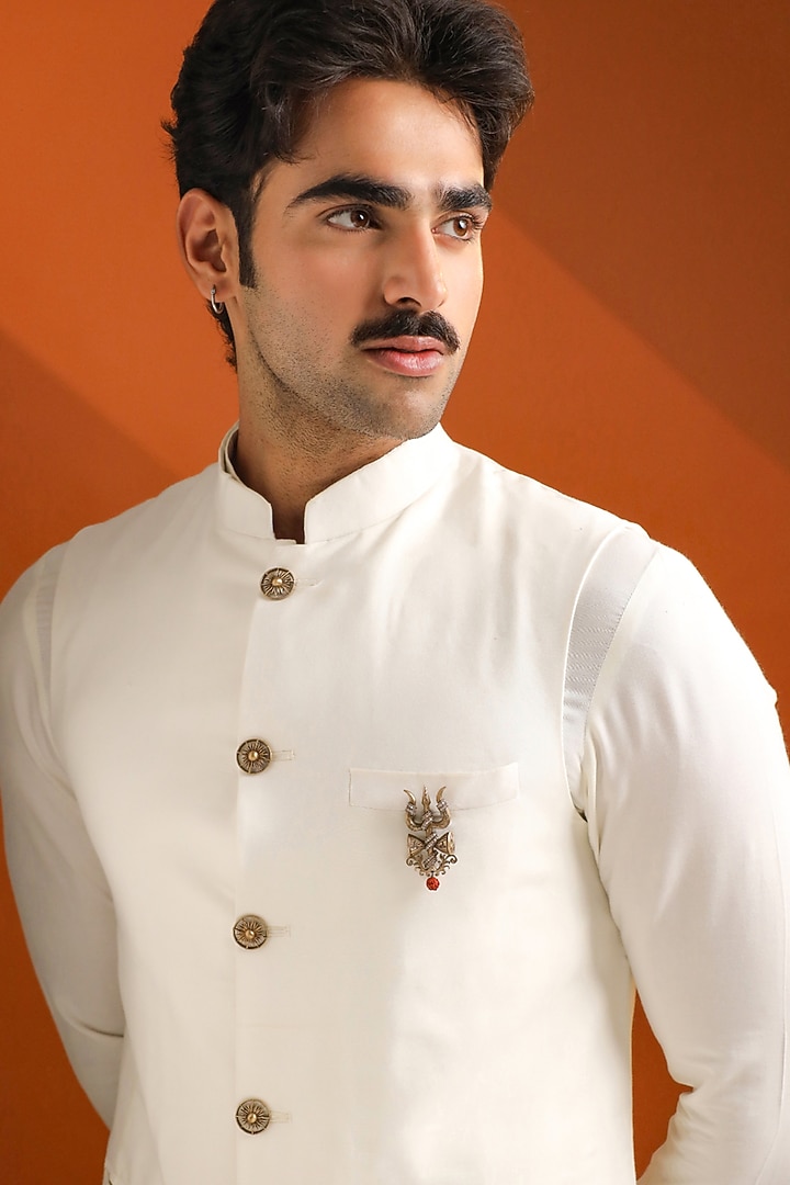 Oxidised Antique Gold Brass Crystal Damru Crest Brooch by Cosa Nostraa at Pernia's Pop Up Shop