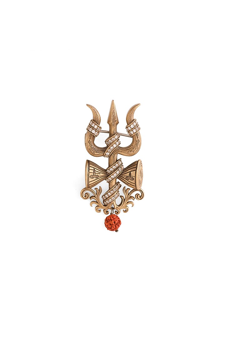 Oxidised Antique Gold Brass Crystal Damru Crest Brooch by Cosa Nostraa at Pernia's Pop Up Shop
