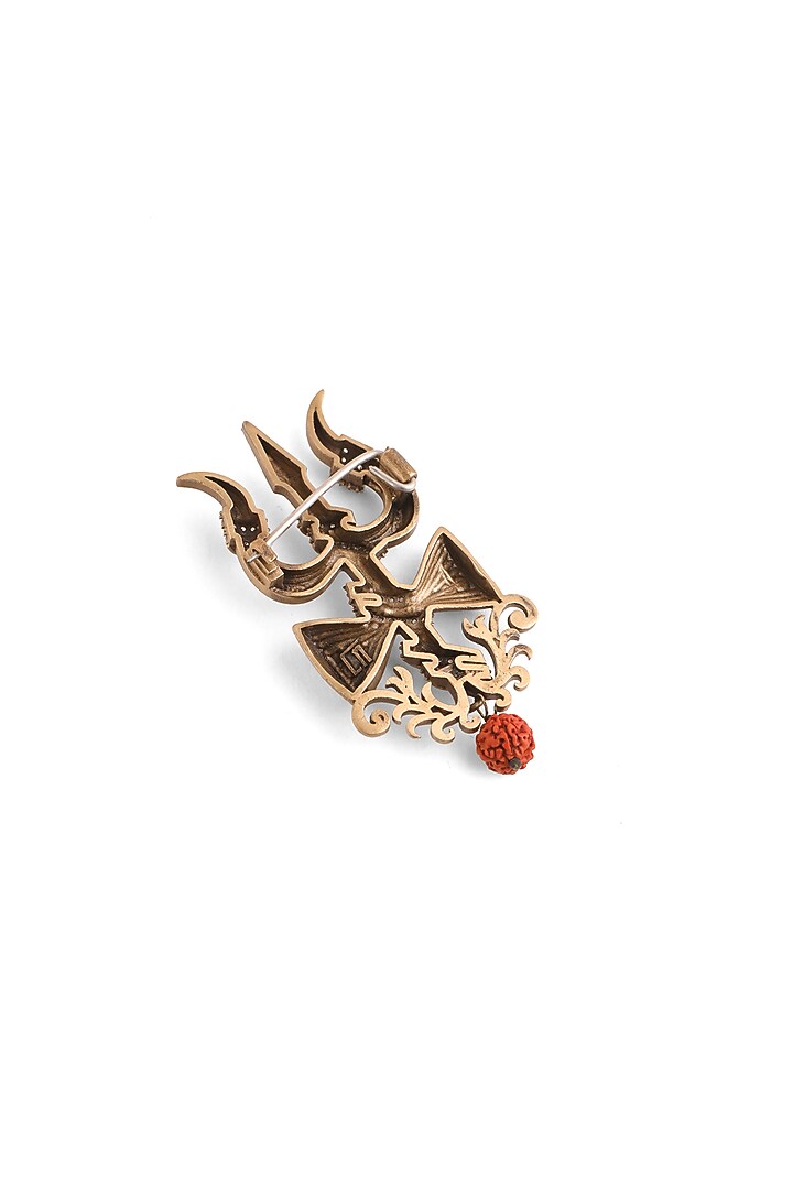 Oxidised Antique Gold Brass Crystal Damru Crest Brooch by Cosa Nostraa at Pernia's Pop Up Shop