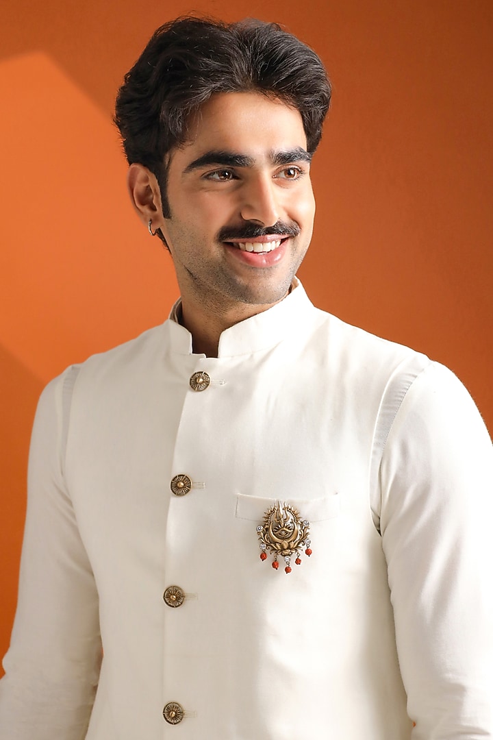 Oxidised Antique Gold Brass Sacred Trishul Emblem Brooch by Cosa Nostraa at Pernia's Pop Up Shop