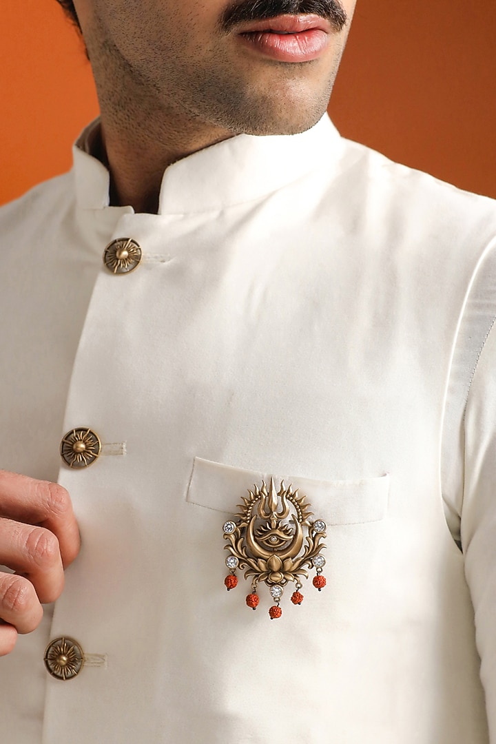 Oxidised Antique Gold Brass Sacred Trishul Emblem Brooch by Cosa Nostraa at Pernia's Pop Up Shop