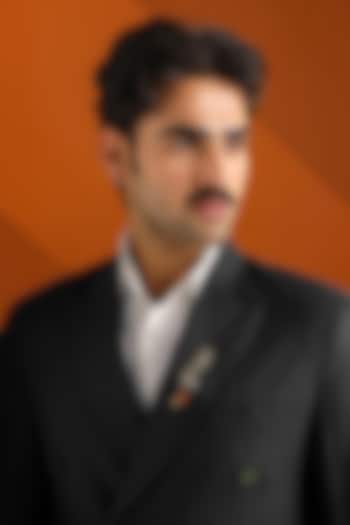 Oxidised Antique Silver Brass Sacred Trishul Nandi Lapel Pin by Cosa Nostraa at Pernia's Pop Up Shop