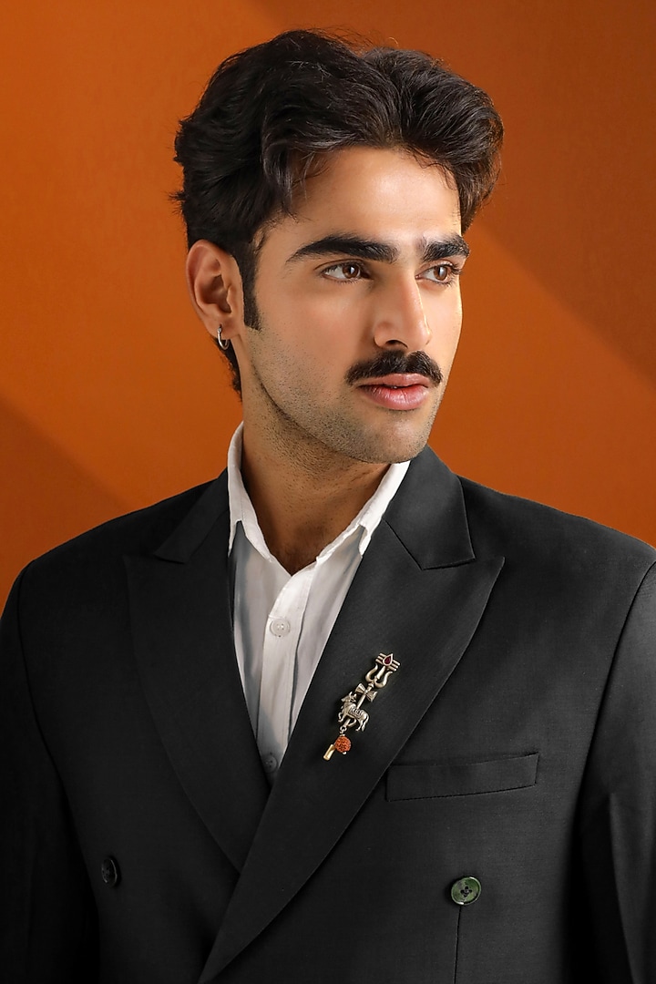 Oxidised Antique Silver Brass Sacred Trishul Nandi Lapel Pin by Cosa Nostraa at Pernia's Pop Up Shop