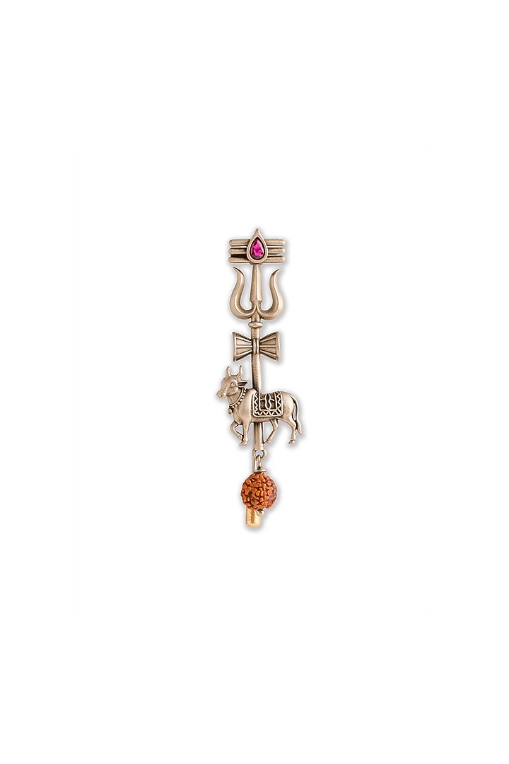 Oxidised Antique Silver Brass Sacred Trishul Nandi Lapel Pin by Cosa Nostraa at Pernia's Pop Up Shop