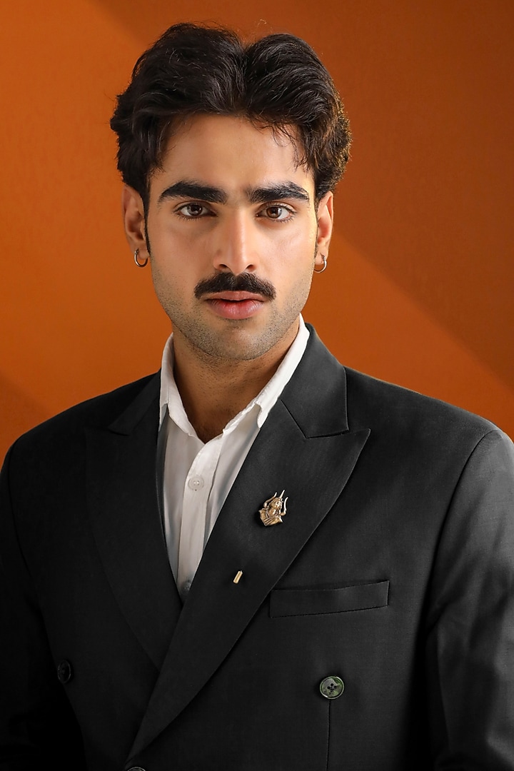 Oxidised Antique Gold Brass Serene Shiva Lapel Pin by Cosa Nostraa at Pernia's Pop Up Shop