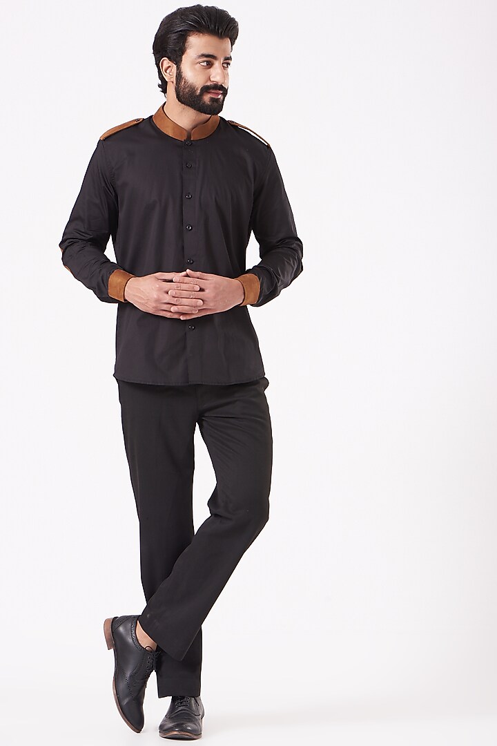 Black & Tan Giza Cotton & Vegan Suede Party Wear Shirt by Cosa Nostraa at Pernia's Pop Up Shop