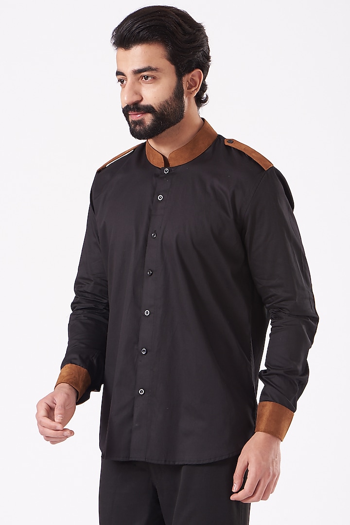 Black & Tan Giza Cotton & Vegan Suede Party Wear Shirt by Cosa Nostraa at Pernia's Pop Up Shop