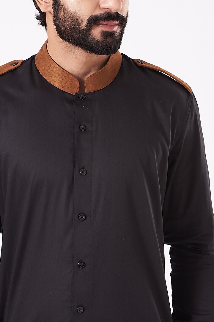 Black & Tan Giza Cotton & Vegan Suede Party Wear Shirt by Cosa Nostraa at Pernia's Pop Up Shop