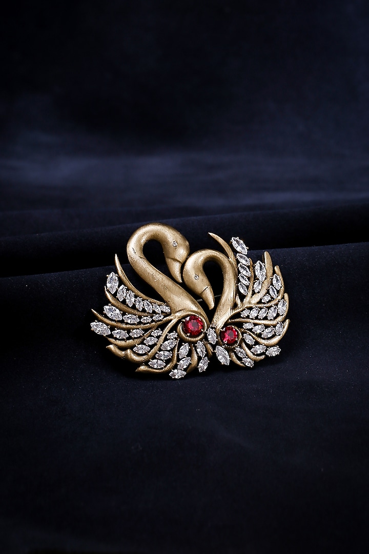 Antique Gold Finish Twin Swan Brooch by Cosa Nostraa
