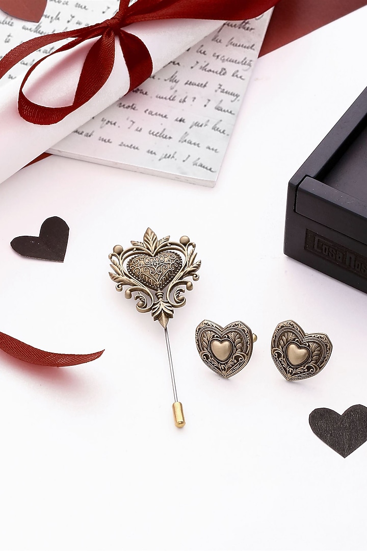 Antique Gold Brass Cufflinks & Lapel Pin Set by Cosa Nostraa at Pernia's Pop Up Shop