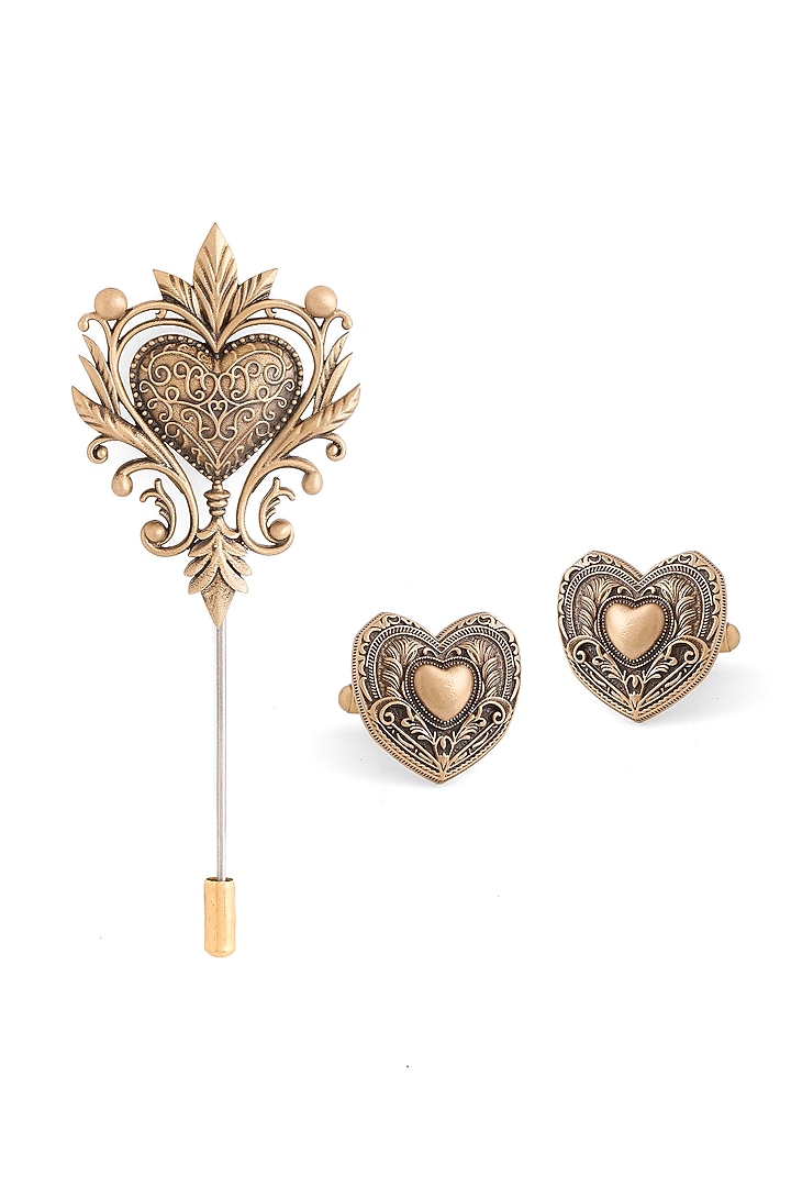 Antique Gold Brass Cufflinks & Lapel Pin Set by Cosa Nostraa at Pernia's Pop Up Shop