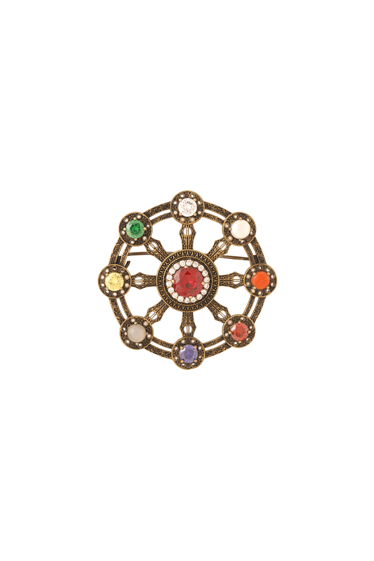 Antique Gold Brass Wheel of Fortune Brooch by Cosa Nostraa