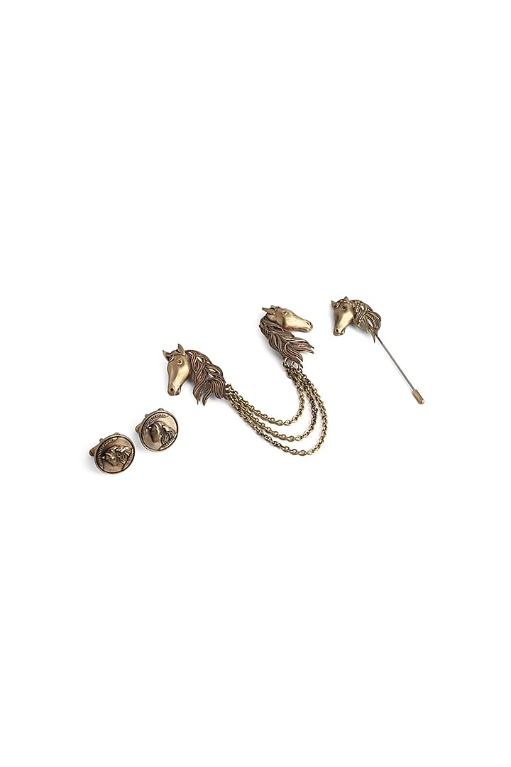 Antique Gold Brass Dual Horse Brooch Set by Cosa Nostraa at Pernia's Pop Up Shop