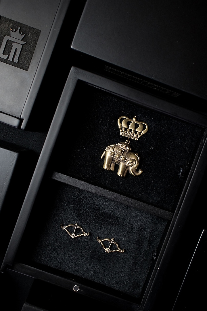 Antique Gold Brass Elephant Brooch & Collar Tip Set by Cosa Nostraa