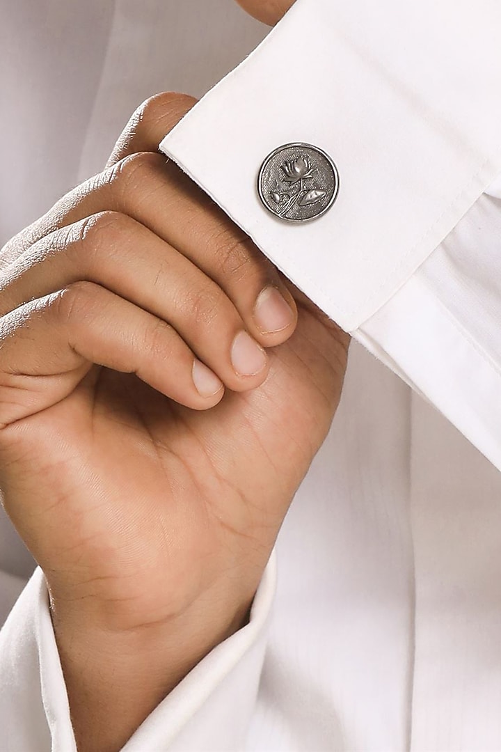 Black Tone Brass Lotus Cufflinks (Set of 2) by Cosa Nostraa at Pernia's Pop Up Shop